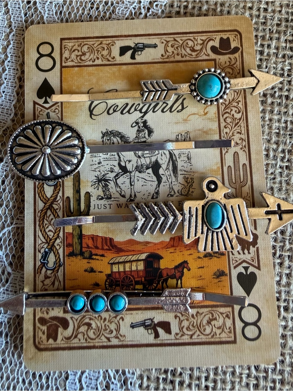 4 Western Hair Barrette Bobby Pin Blue Turquoise Arrow Concho Thunderbird NEW